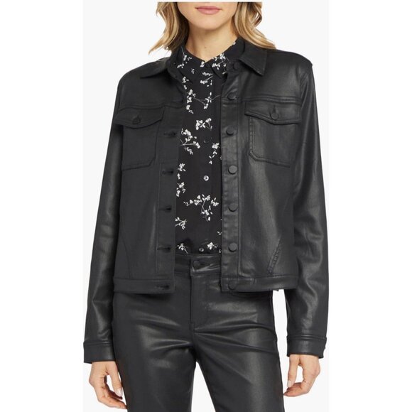 NYDJ Black Coated Denim Trucker Jacket with Slanted Seams S Could fit M - Picture 8 of 15